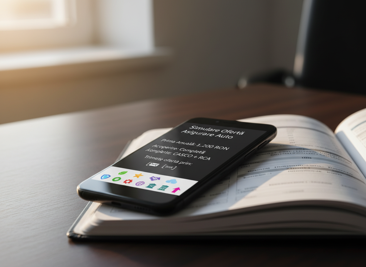 Un close-up fotografic asupra unui smartphone negru, elegant, așezat pe un birou din lemn închis, lângă o agendă deschisă cu diagrame financiare. Pe ecran se vede clar o simulare de ofertă de asigurare în limba română, cu pictograme subtile pentru email și SMS, indicând trimiterea automată a ofertei către client. În colțul ecranului, o bandă orizontală afișează nouă pictograme mici, colorate diferit, reprezentând simbolic cei nouă parteneri. Lumina de după-amiază intră oblic printr-o fereastră, creând un efect de lumină caldă pe marginile telefonului și umbre moi. Fundalul este blurat, sugerând un spațiu de birou profesionist, mood serios, organizat, stil fotografic modern, clar.